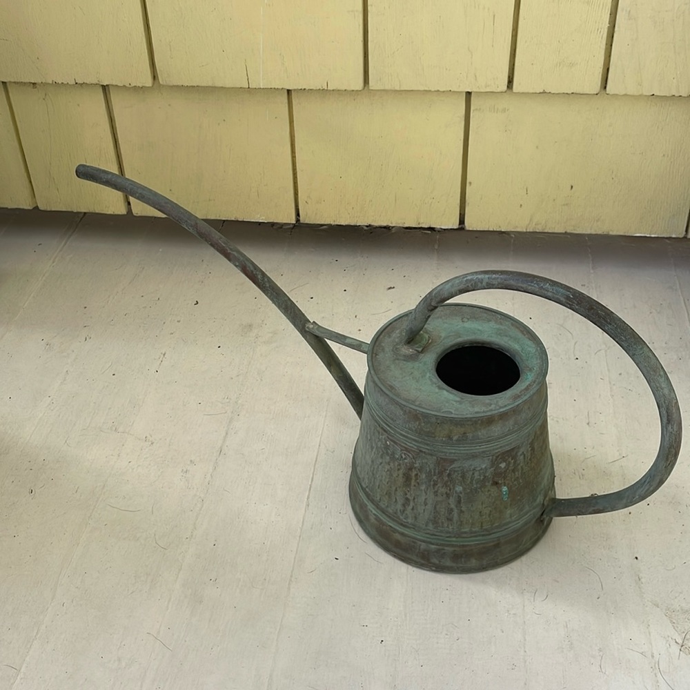 Farmhouse solid copper watering can, verdigris patina and hammered details